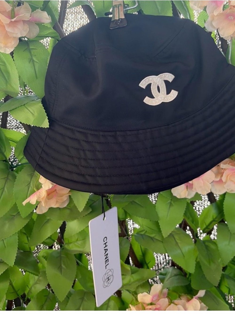 CHANEL Black Bucket Hat with White CC Logo